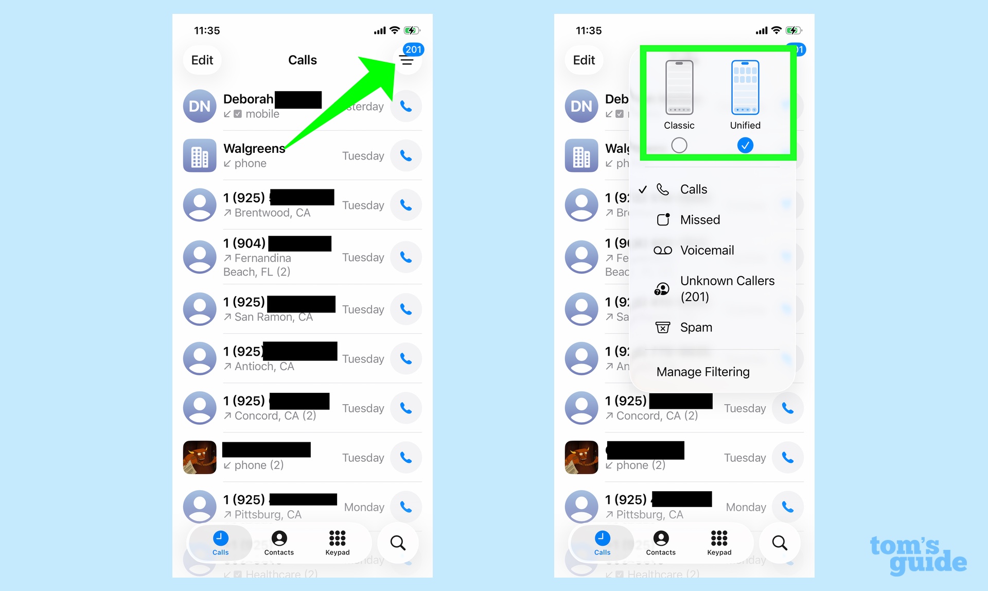 Changing the unified phone view in iOS 26