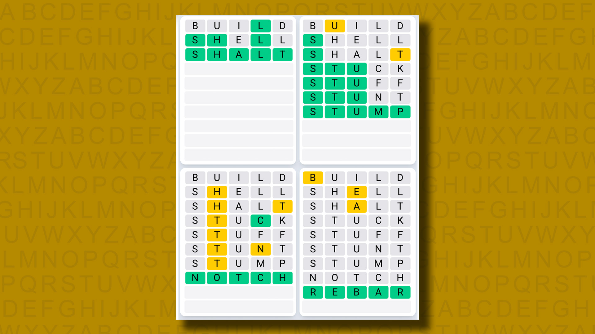 Quordle Daily Sequence answers for game 1322 on a yellow background