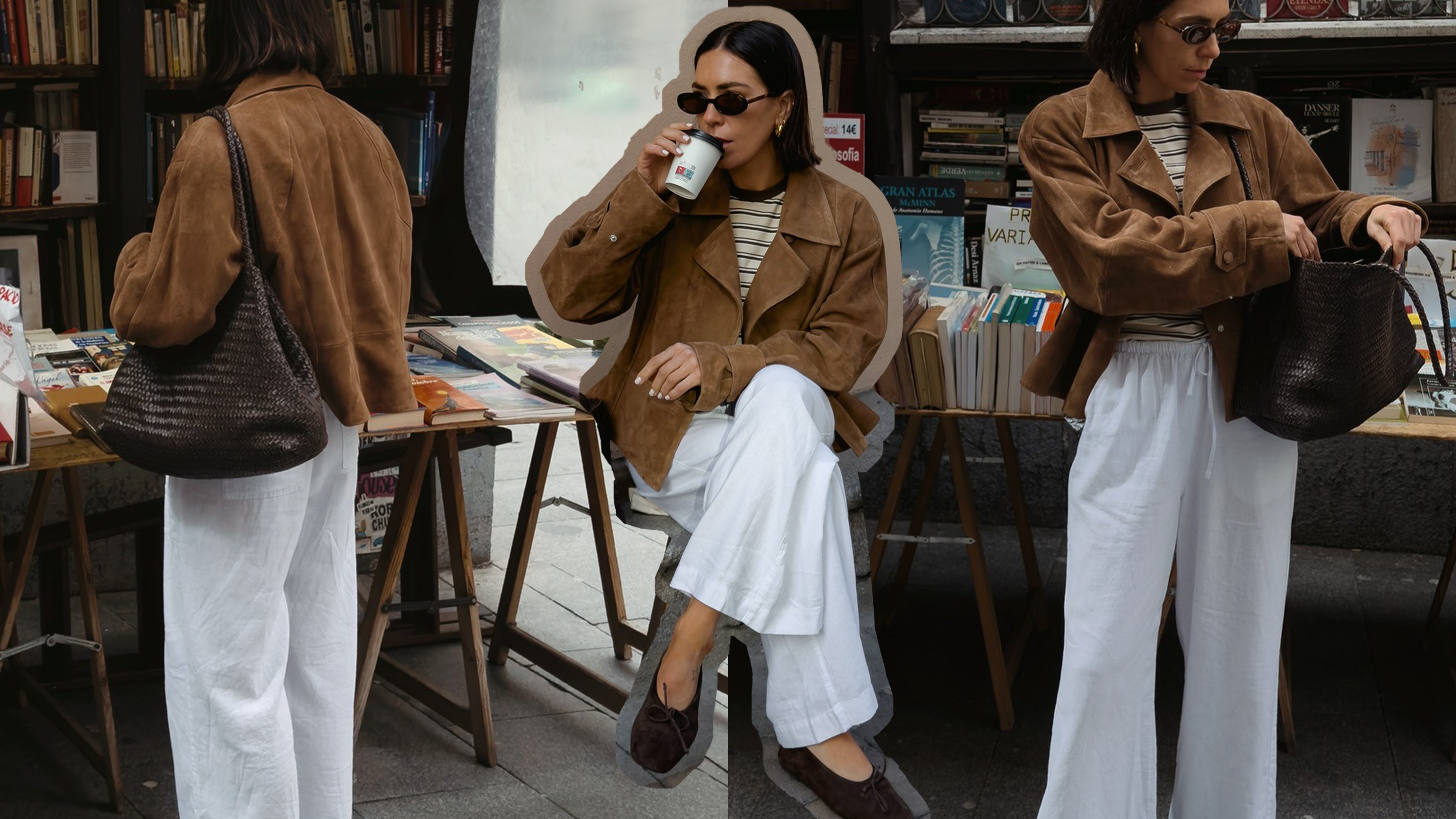 @_jessicaskye wearing a suede moto jacket, linen trousers, striped tee, and a Madewell woven tote