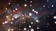 This artist&rsquo;s impression shows a distant gas cloud that contains different chemical elements, illustrated here with schematic representations of various atoms.