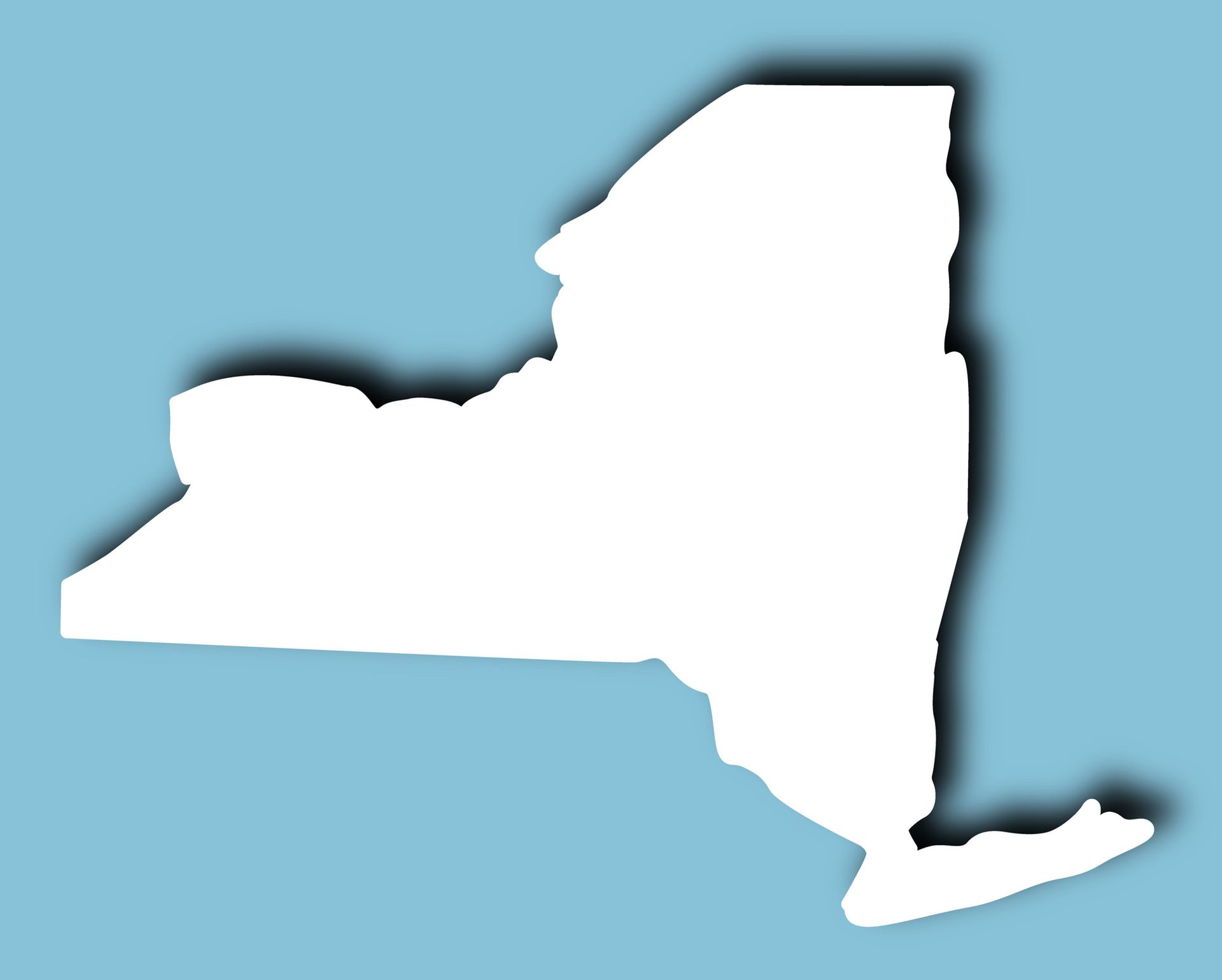 Minimalist silhouette of the state of New York, presented in white against a light blue backdrop.