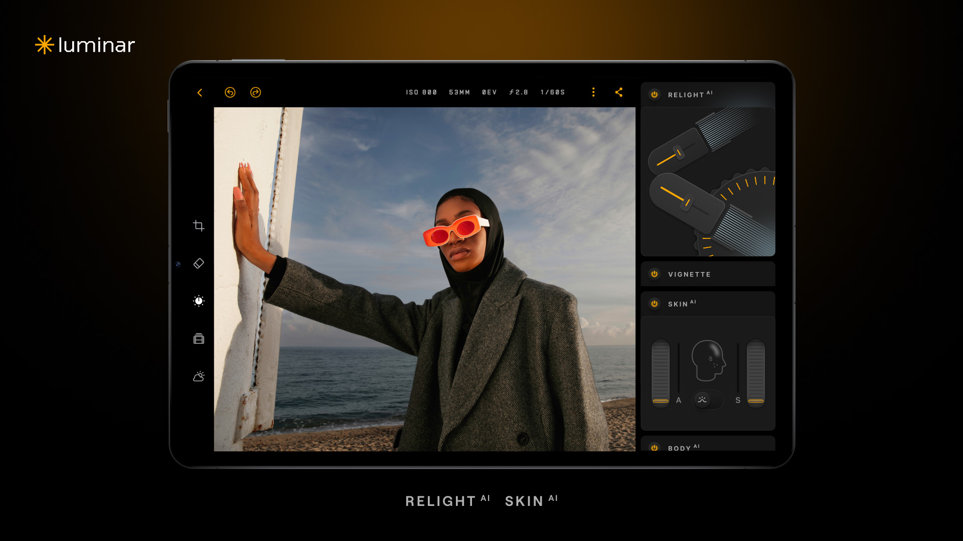 Skylum Luminar: Photo Editor on Android tablet with portrait of person with sunglasses leaning on wall