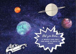 graphic with planets on and a car driving in space
