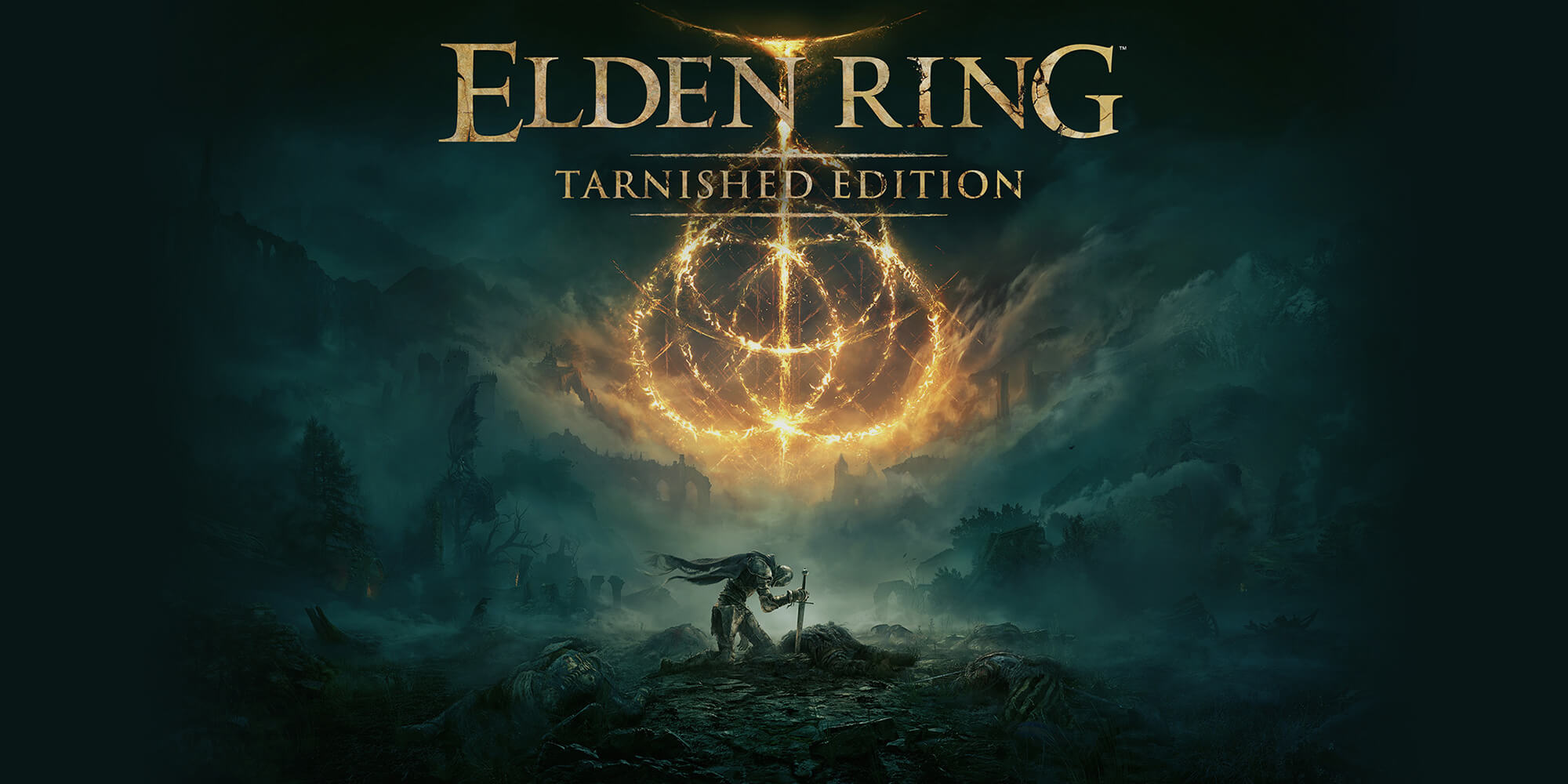 Elden Ring cover art, a knight on his knees holding on to a sword in the middle of a battlefield with a symbol in the sky 