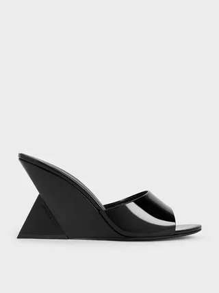 Patent Triangle-Heel Wedge Mules - Black Patent