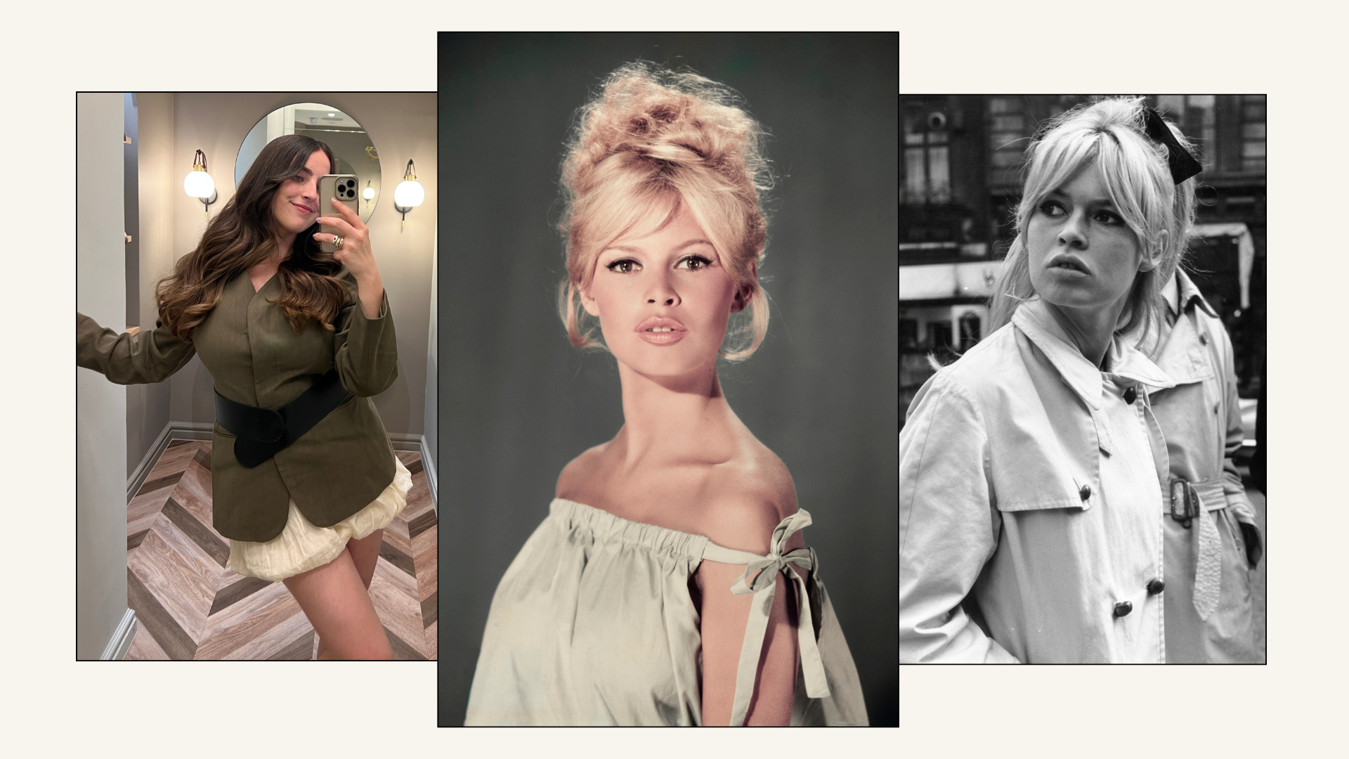 An image of Brigitte Bardot, creator and inspiration for the Bardot fringe hair trend and Who What Wear's Ava Gilchrist, who recently got the Bardot fringe.