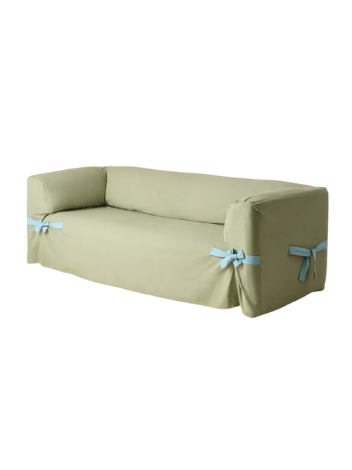 Universal Cotton Sofa Slipcover in Green Solid Contrast Ties