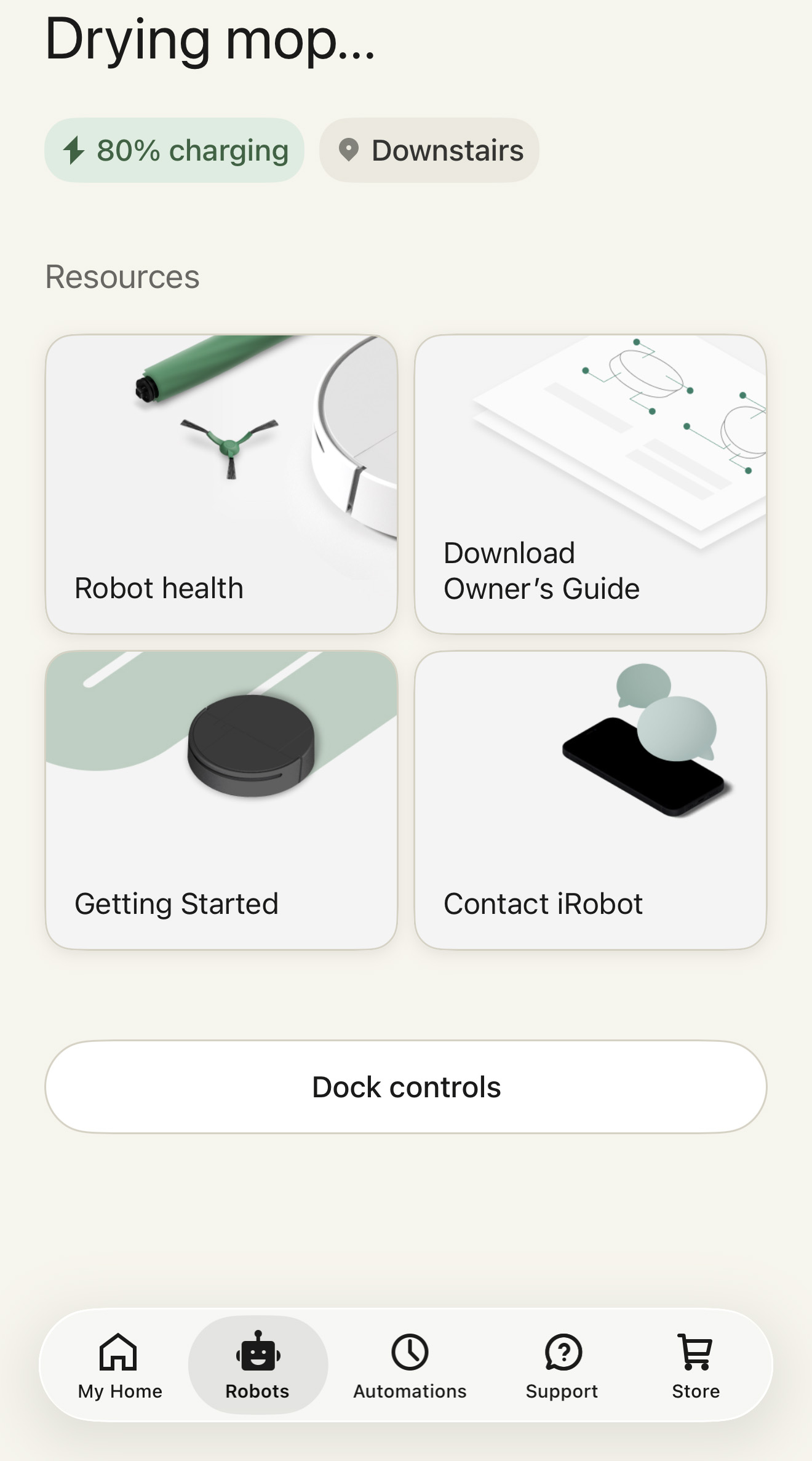 Homescreen of the Roomba robot vacuum app showing all menus and controls