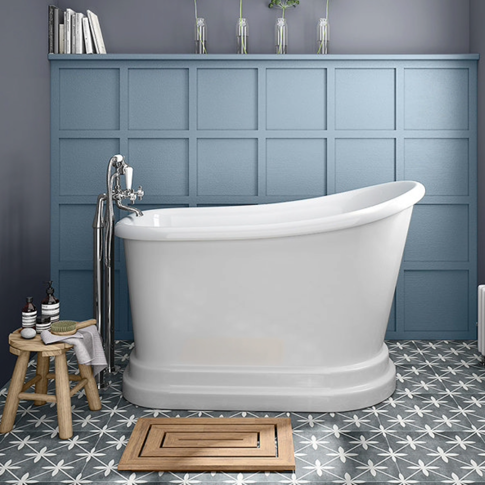 Chatsworth 1300 Short Roll Top Bath against blue panelling and patterned floor