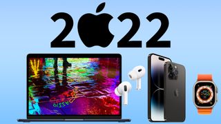 MacBook Air M2, AirPods Pro 2, iPhone 14 and Apple Watch 8 Ultra on a blue background below the word "2022". The 0 is formed by an Apple logo