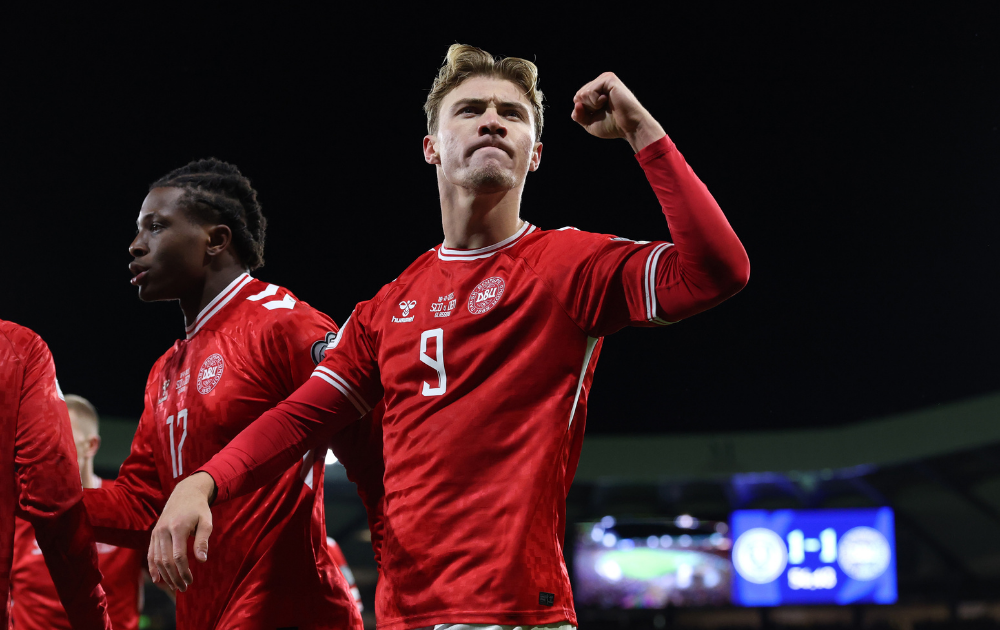 Denmark World Cup 2026 squad: Rasmus Hojlund of Denmark celebrates scoring his team's first goal during the FIFA World Cup 2026 qualifier match between Scotland and Denmark at Hampden Park on November 18, 2025 in Glasgow, Scotland.