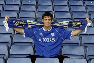 Chris Sutton the former Blackburn Rovers player signs for Chelsea Football Club for the fee of 10 million pounds during a photo-shoot held in Chelsea, England.