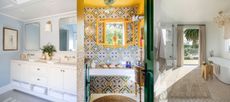 Three examples of coastal bathroom ideas. Blue and white bathroom with double vanity. Colorful yellow and green bathroom with patterned walls. Serene neutral bathroom with large windows looking outdoors.