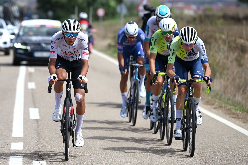 ALTO DE MONCALVILLO SPAIN SEPTEMBER 06 LR Isaac del Toro of Mexico and UAE Team Emirates and Simone Petilli of Italy and Team IntermarcheWanty compete in the breakaway during the La Vuelta 79th Tour of Spain 2024 Stage 19 a 1735km stage from Logrono to Alto de Moncalvillo 1490m UCIWT on September 06 2024 in Alto de Moncalvillo Spain Photo by Dario BelingheriGetty Images