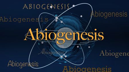 The word 'abiogenesis' centered in yellow on a dark blue background with white oval features.