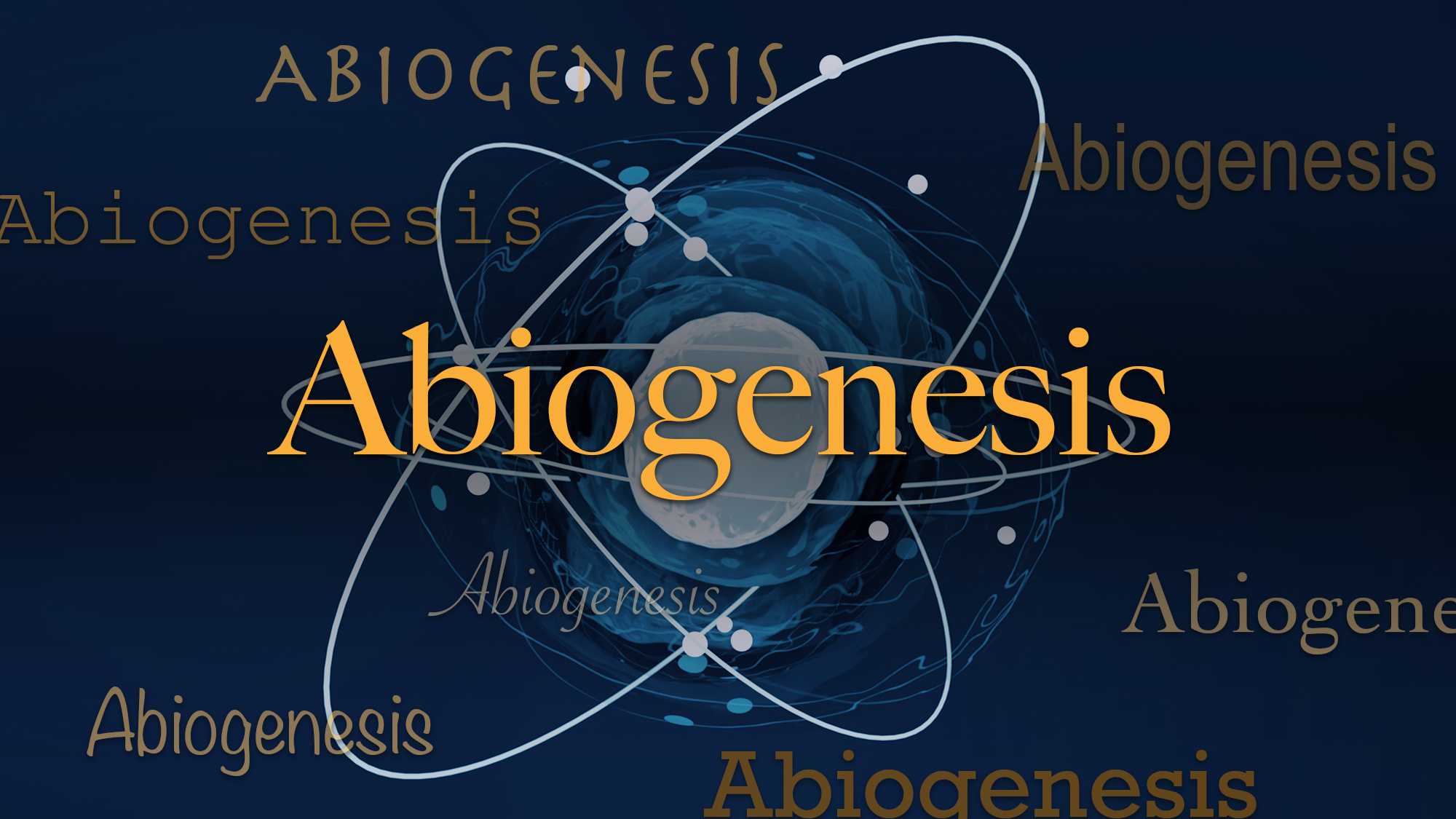The word 'abiogenesis' centered in yellow on a dark blue background with white oval features.