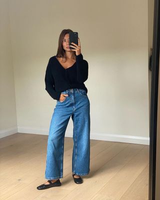 @smythsisters wearing wide-leg jeans and cardigan