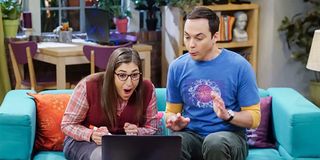 Mayim Bialik as Amy Farah Fowler and Jim Parsons as Sheldon Cooper on The Big Bang Theory