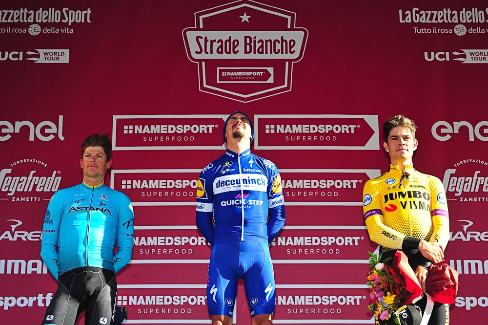 Fuglsang, Alaphlippe and Van Aert on the Strade Bianche podium