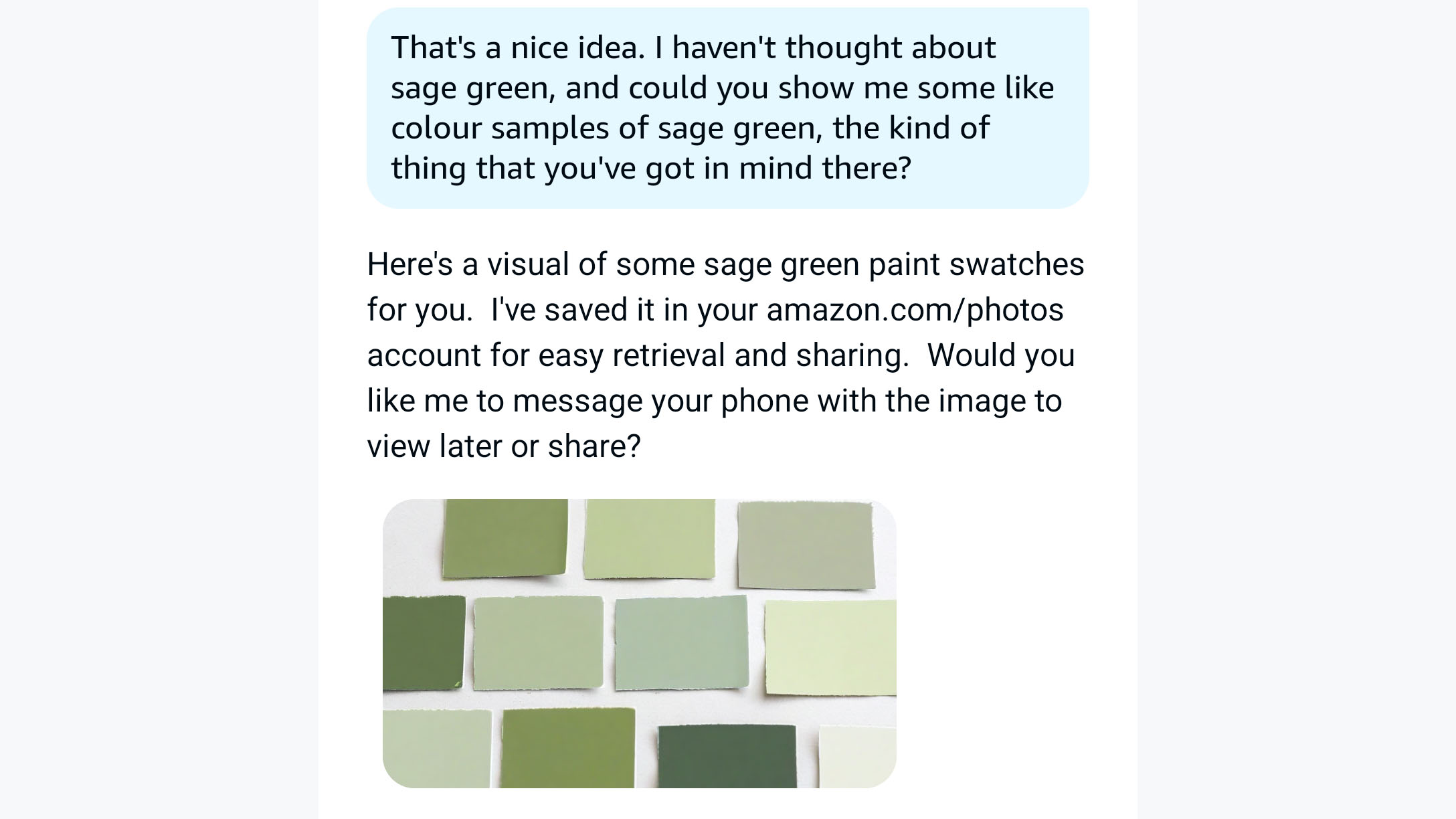 Conversation with Amazon Alexa+ including sage green paint swatches