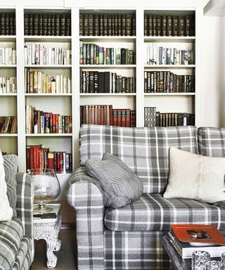 Grey and white sofa, white shelves