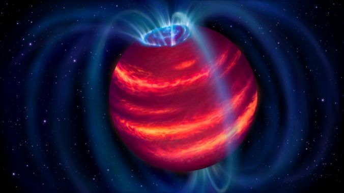 An artist&#039;s impression of the new brown dwarf BDR J1750+3809, or &quot;Elegast.&quot; This faint, cold celestial body was detected using radio telescope observations for the first time.