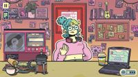 A woman with multi-colored hair and a pair of headphones in the break room of a record store