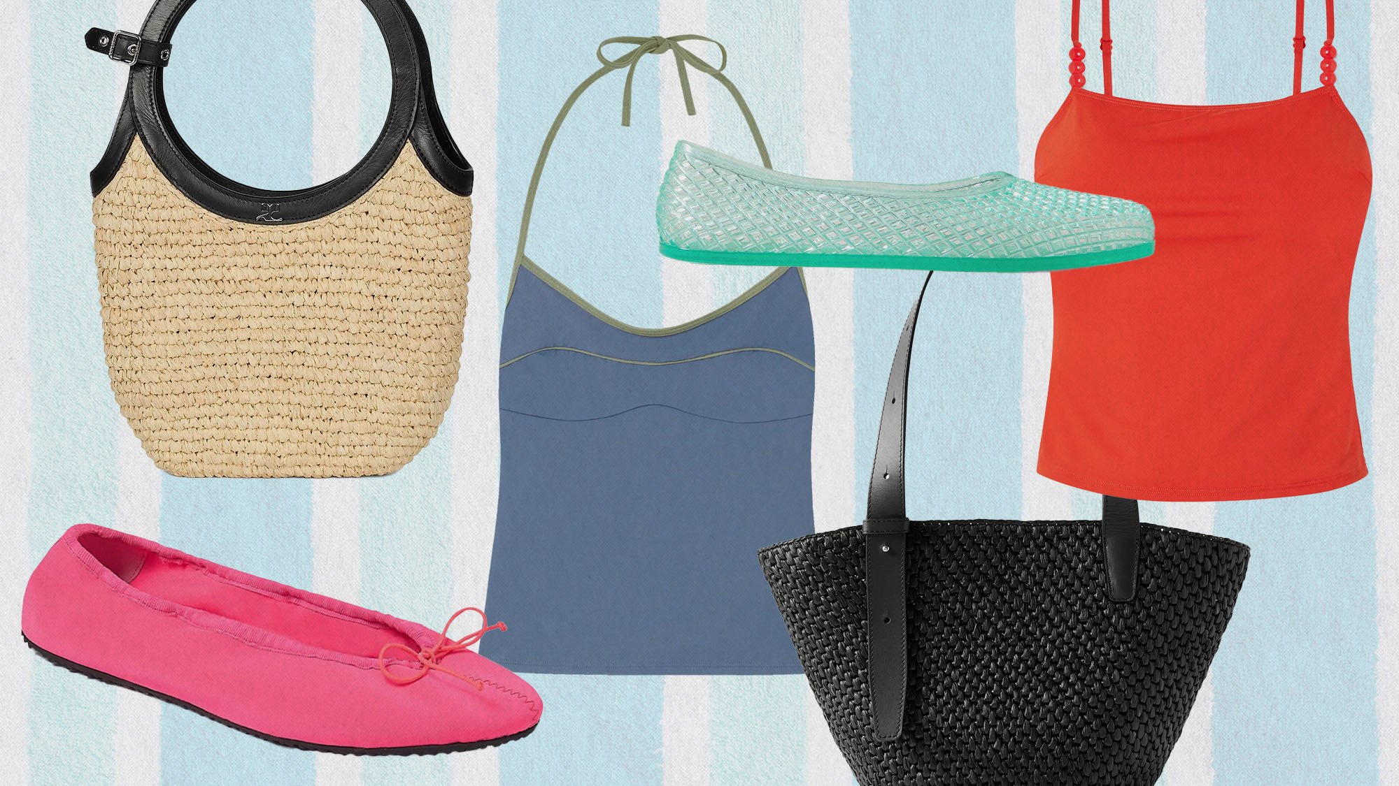 Colorful shoes, woven bags, and tankinis from Courr&egrave;ges, Gimaguas, Fruity Booty, Ancient Greek Sandals, Li&eacute; Studio, and Staud.