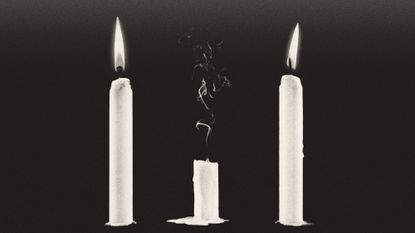 Illustration of two full-size lit candles alongside a much shorter candle with the flame snuffed out