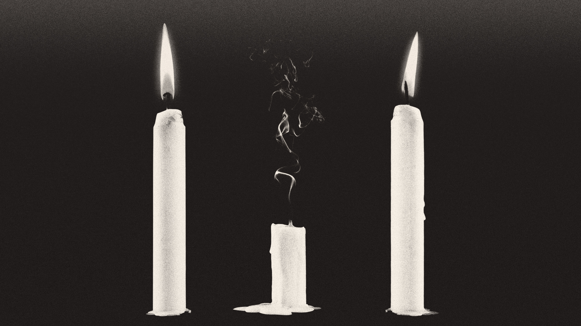 Illustration of two full-size lit candles alongside a much shorter candle with the flame snuffed out