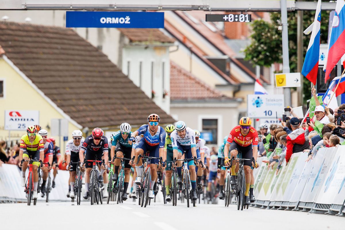 Winner Dylan GROENEWEGEN of Team JaycoAlUla second placed Alexander KRISTOFF of UnoX Mobility and third placed Phil BAUHAUS of Team Bahrain Victorious during 1st Stage of 30th Tour of Slovenia 2024 cycling race between Murska Sobota and Ormoz1919 km on June 12 2024 in Slovenia Photo by Matic Klansek Velej Sportida