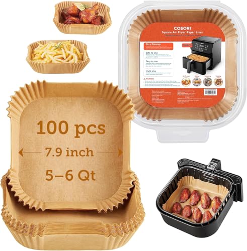 Cosori Air Fryer Liners, 100 Pcs Square Disposable Paper Liners, Non-Stick Silicone Oil Coating, Little to No Cleaning, 7.9" Unbleached Food Grade, Resistant to 465&amp;deg;f, Thickened Not Easy to Break