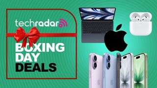 Apple iPhone 17 series, MacBook Air and AirPods 4 on a green background with "Boxing Day deals" text and a red bow.