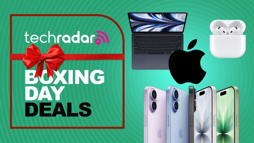 Apple iPhone 17 series, MacBook Air and AirPods 4 on a green background with "Boxing Day deals" text and a red bow.