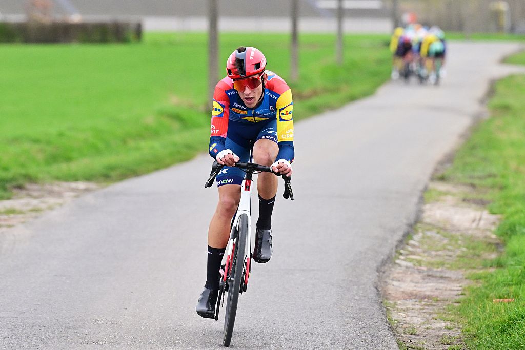 Latvia's Toms Skujins of Lidl-Trek pictured in action during the 78th edition of the men elite race of the Kuurne-Brussels-Kuurne one day cycling race, 195 km from Kuurne to Kuurne via Brussels, Sunday 01 March 2026. BELGA PHOTO DIRK WAEM (Photo by DIRK WAEM / BELGA MAG / Belga via AFP)