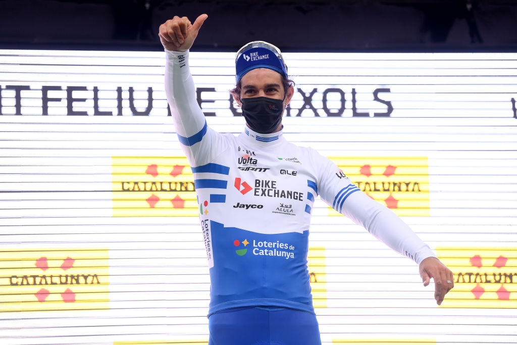 SANT FELIU DE GUIXOLS SPAIN MARCH 21 Michael Matthews of Australia and Team BikeExchange Jayco celebrates at podium as blue points jersey winner during the 101st Volta Ciclista a Catalunya 2022 Stage 1a 171km stage from Sant Feliu de Guxols to Sant Feliu de Guxols VoltaCatalunya101 WorldTour on March 21 2022 in Sant Feliu de Guixols Spain Photo by David RamosGetty Images