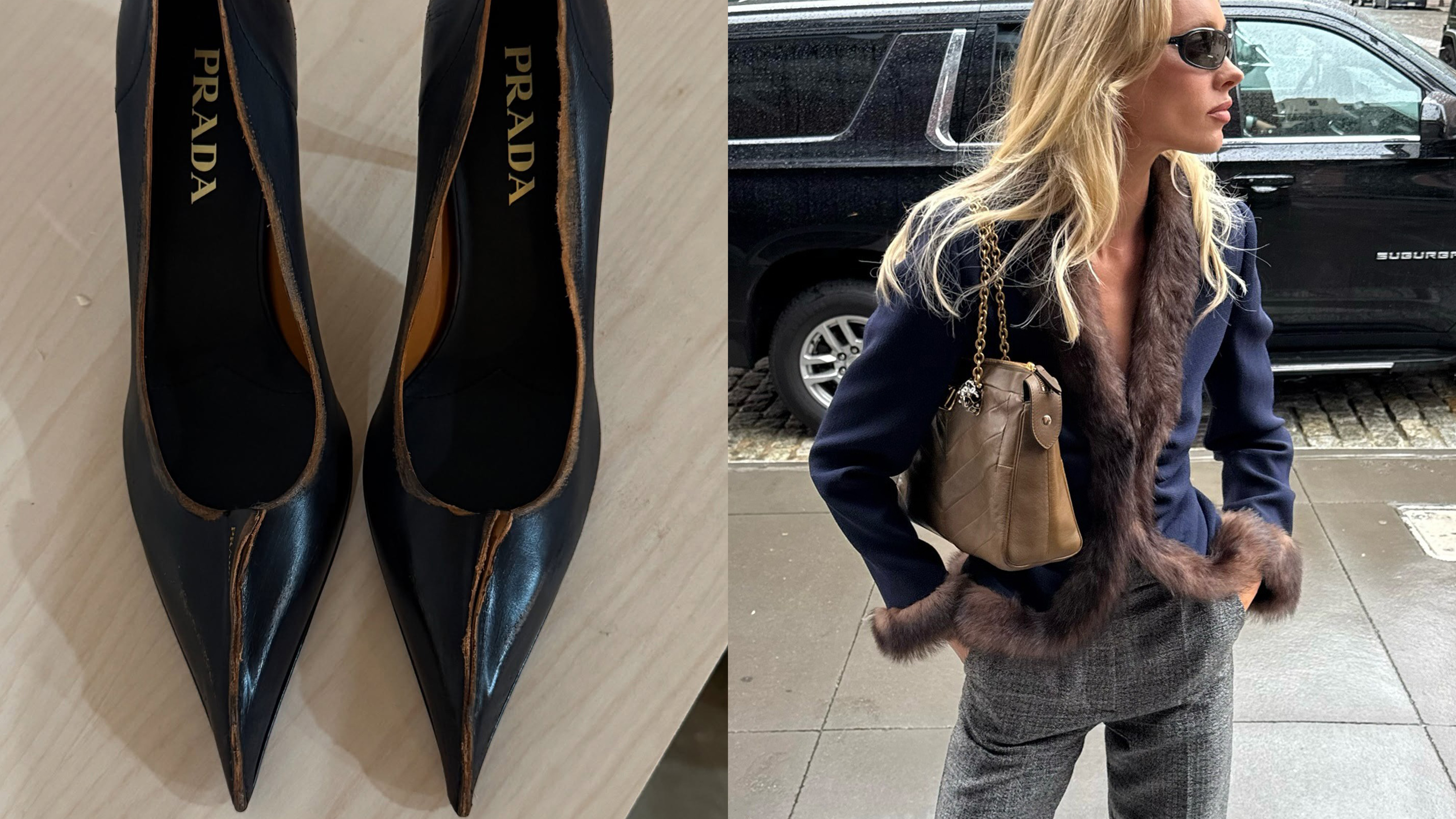 A photo of Elsa Hosk wearing a navy-blue jacket by Valentino with fur trim next to another of Prada's distressed leather pumps.