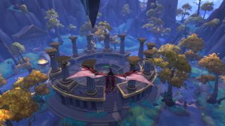 WoW Depth Charge - a player is on a dragonriding mount, flying towards a circular arena with pillars around the outside