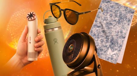A selection of products against a warm orange background.