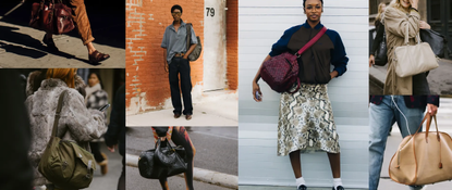 women carrying leather duffel bags at fashion week