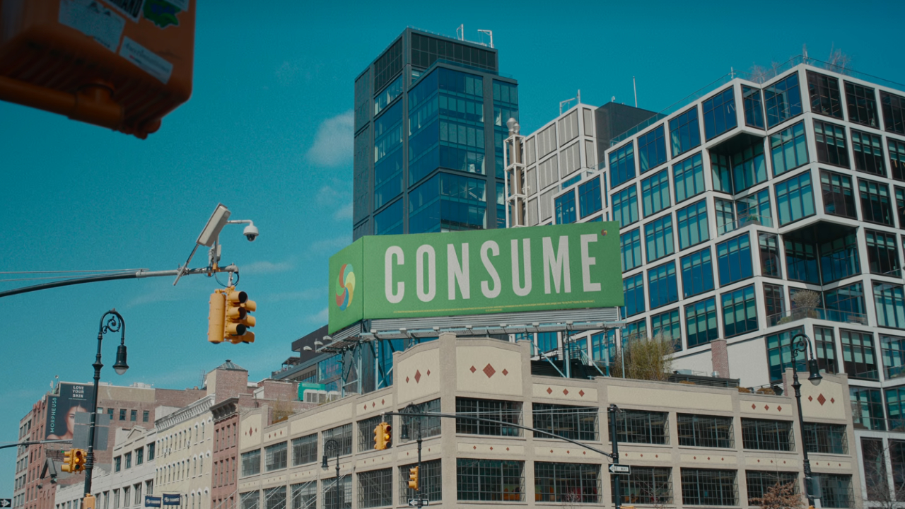 A consume billboard above a city street in Buy Now! The Shopping Conspiracy