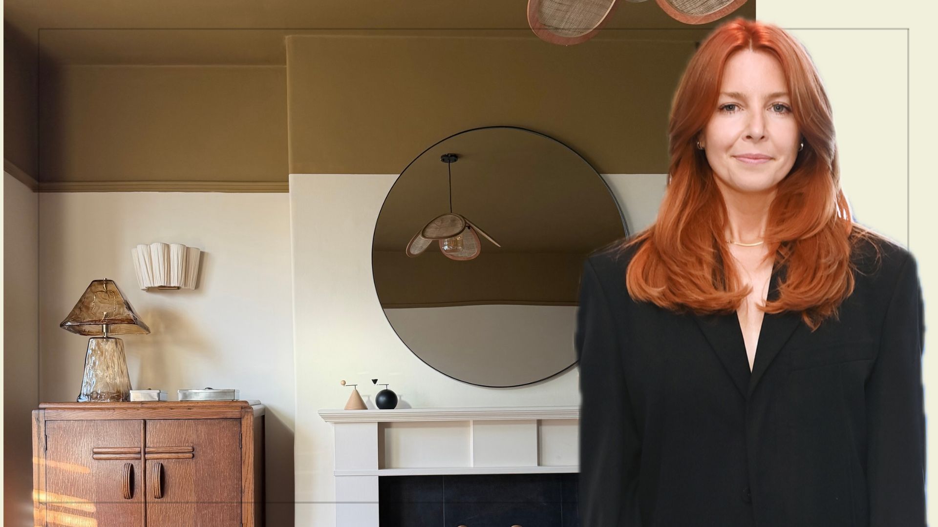 Compilation image of a living room with a olive green ceiling and Stacey Dooley in a black suit