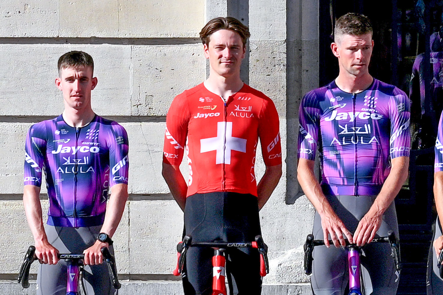 National champions jerseys during the official teams presentation days prior to the start of the 112th edition of the Tour de France cycling race, in Lille, northern France, on July 3, 2025. (Photo by Anne-Christine POUJOULAT / AFP)
