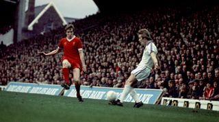 Liverpool 1-2 Aston Villa, league match at Anfield, Saturday 5th November 1977. Joey Jones and Andy Gray. (Photo by Howard Walker/Mirrorpix/Getty Images)