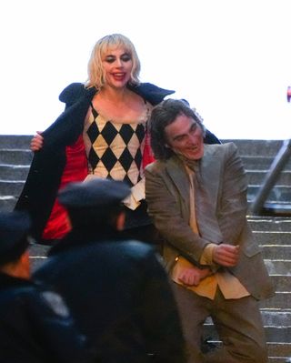 Lady Gaga and Joaquin Phoenix are seen filming on location for "Joker: Folie a Deux" on April 02, 2023 in New York City.