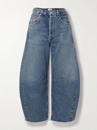 Horseshoe Distressed Mid-Rise Barrel-Leg Jeans