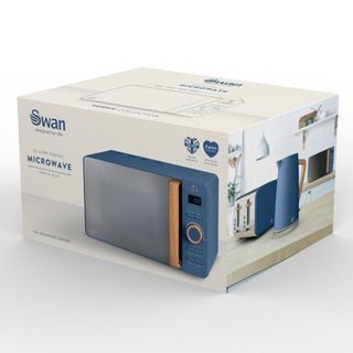 Swan Nordic Digital Blue Microwave in box and packaging