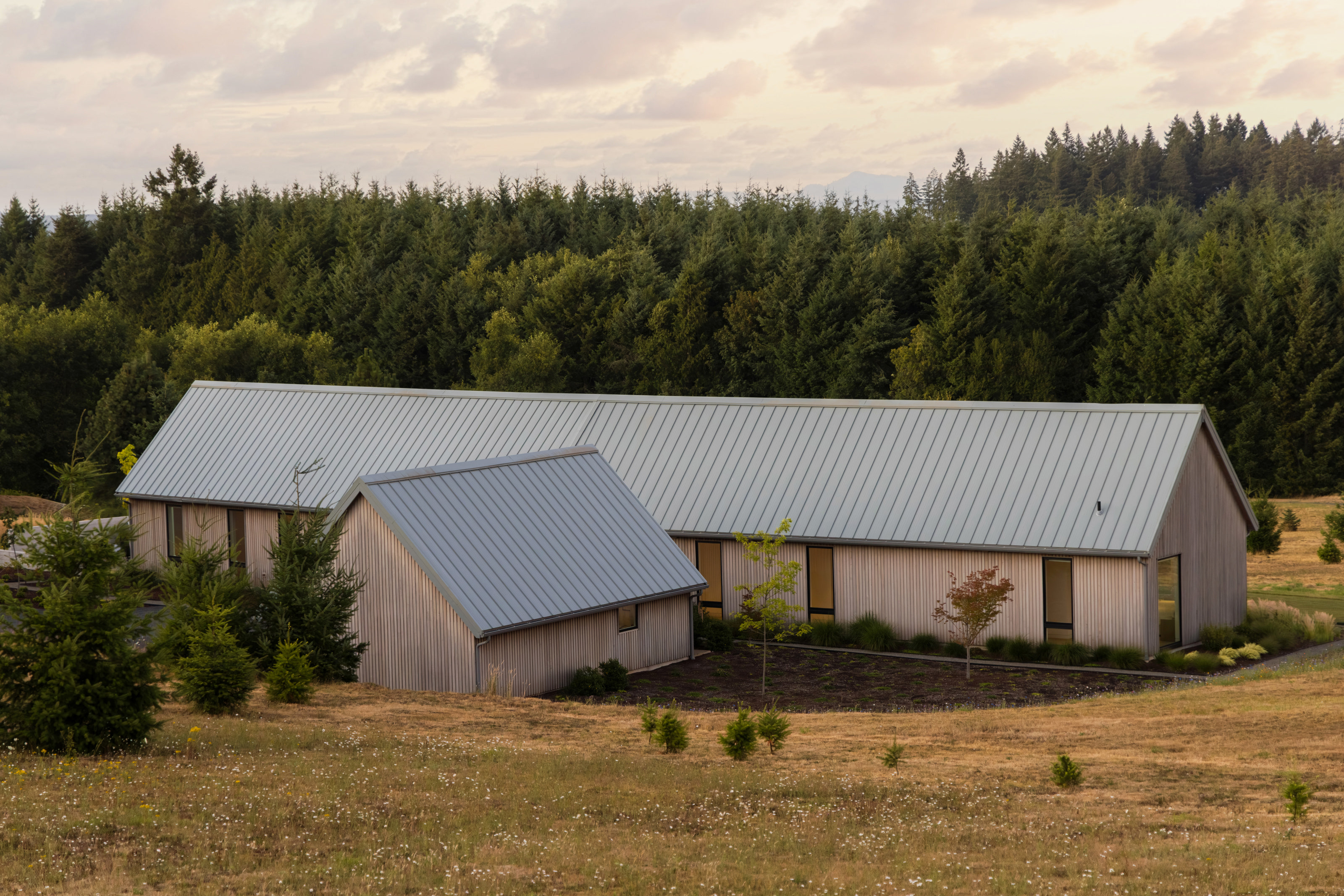 The design evokes Norwegian architecture