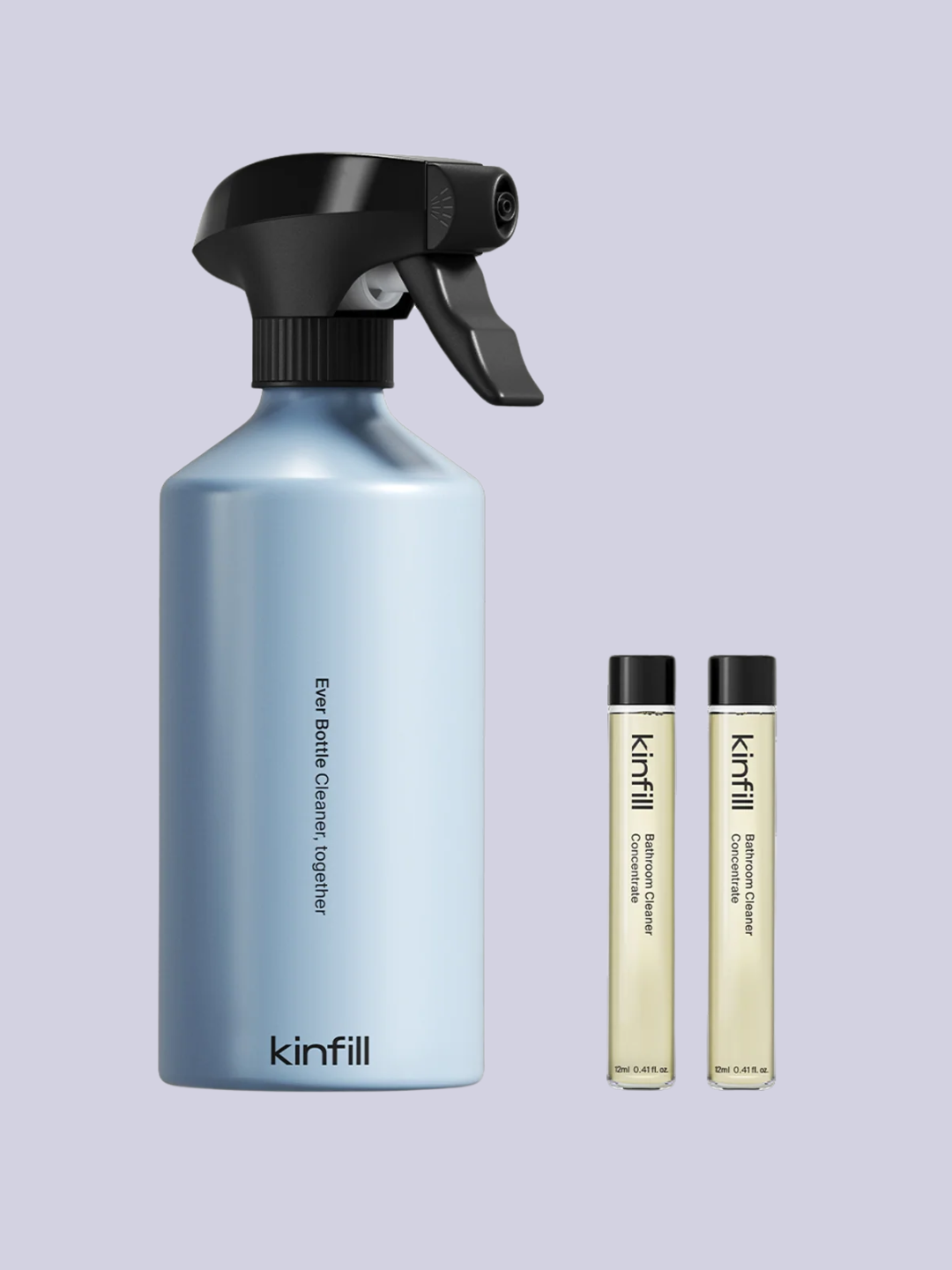 A spray bottle and vials of bathroom cleaner from Kinfill