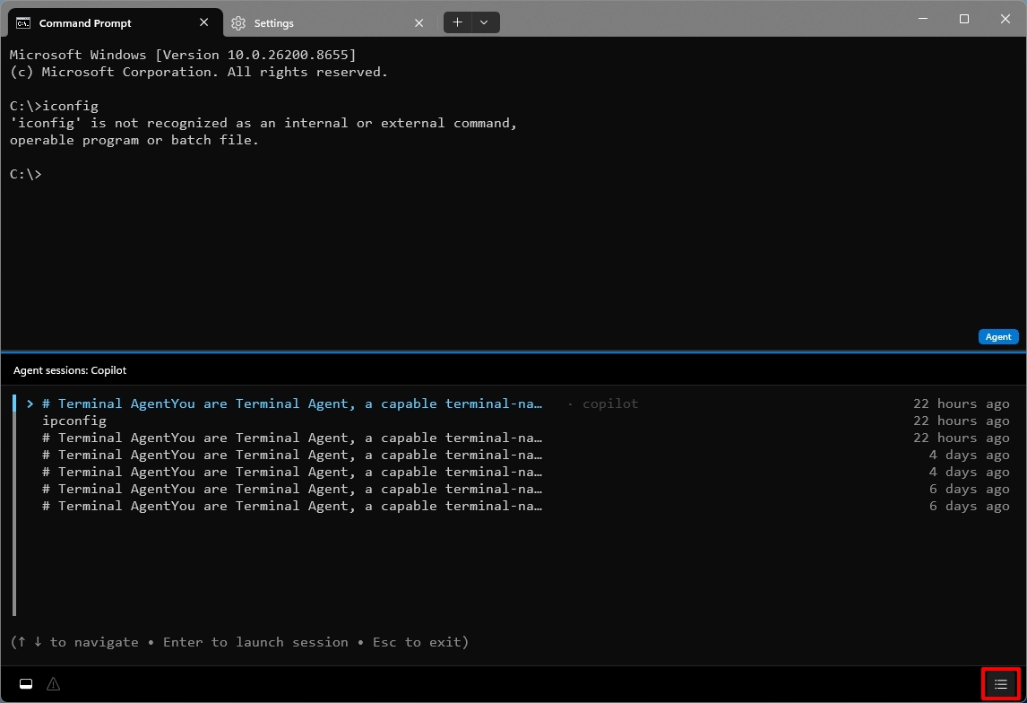 Intelligent Terminal with the agent management pane open at the bottom of the screen.